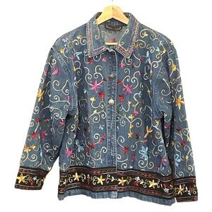 Vintage Lifestyle 90s Embroidered Denim Jacket Floral Boho Cottagecore Jean Coat